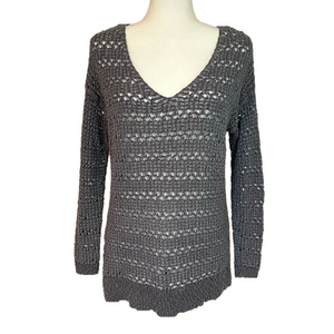 Ann Taylor Women’s Open Crochet V-Neck Long Sleeve Grey Sweater M Y2K Beachy